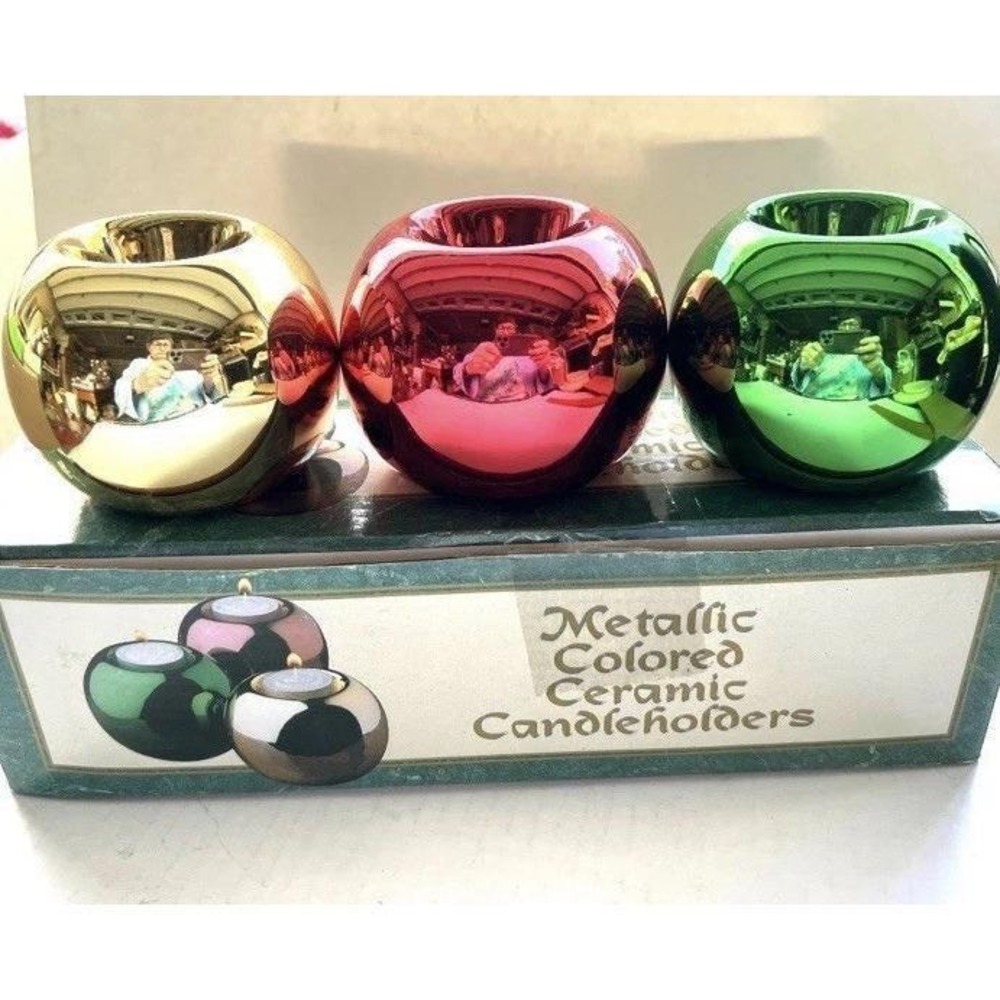 Metallic‎ Collored Ceramic Votive Candleholders With Box. Gold, Red, And Green